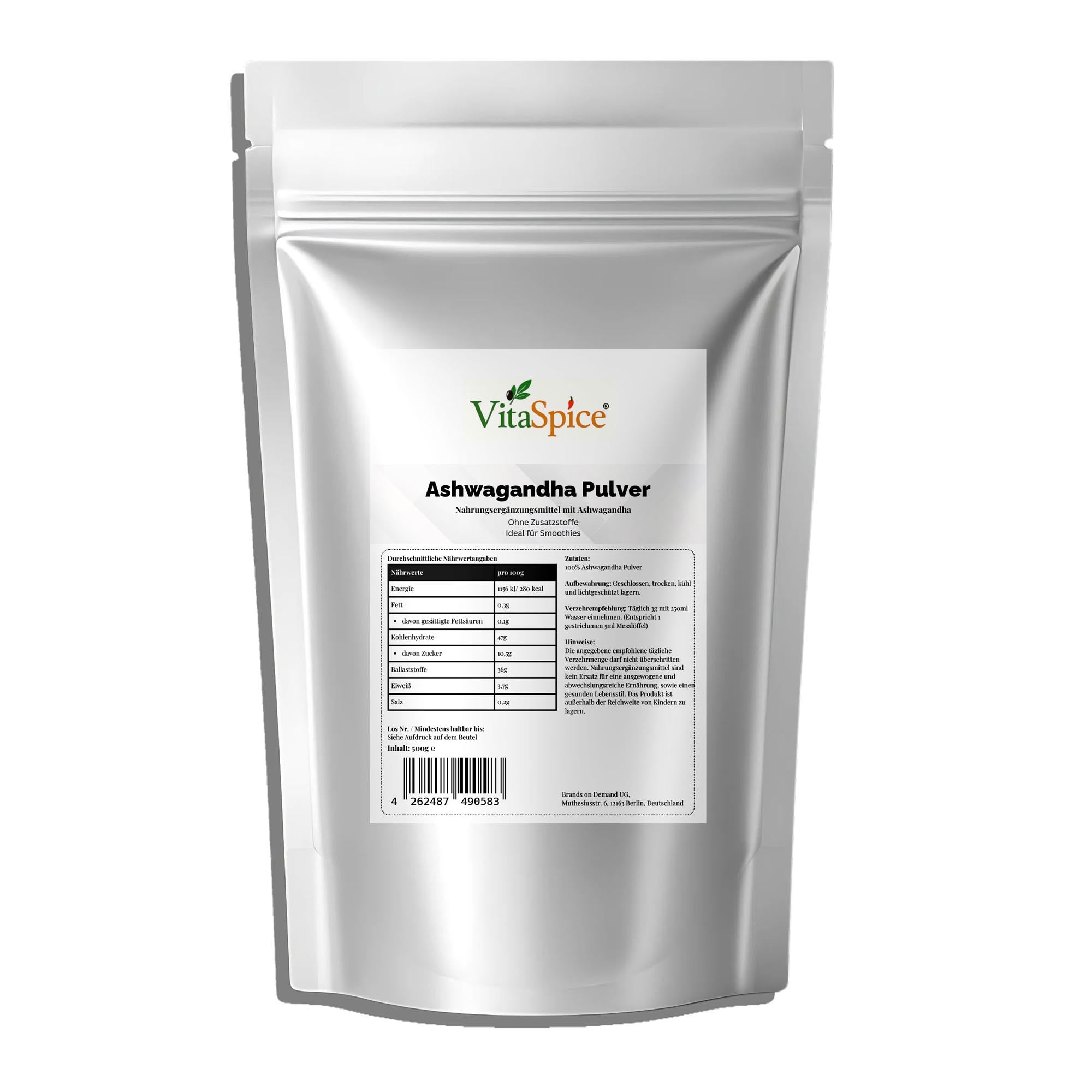 Ashwagandha Pulver 500g Doypack Vorderseite - KSM-66 Ashwagandha Wurzel Extrakt