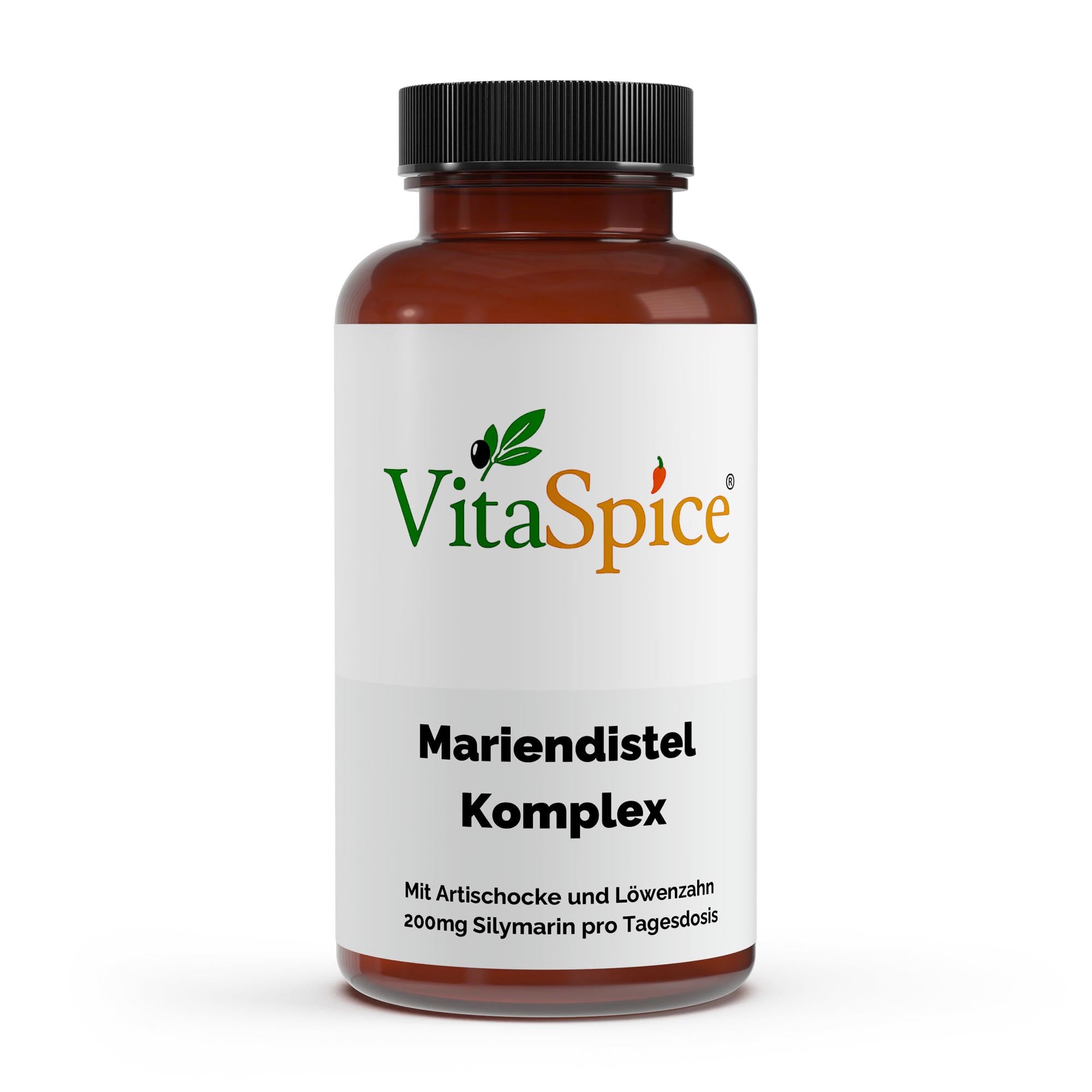 VitaSpice Mariendistel Artischocke Löwenzahn Komplex als hochwertiges Produktfoto; pflanzlicher Leber- und Verdauungskomplex für Detox, Stoffwechsel und innere Balance – vegan und hochdosiert