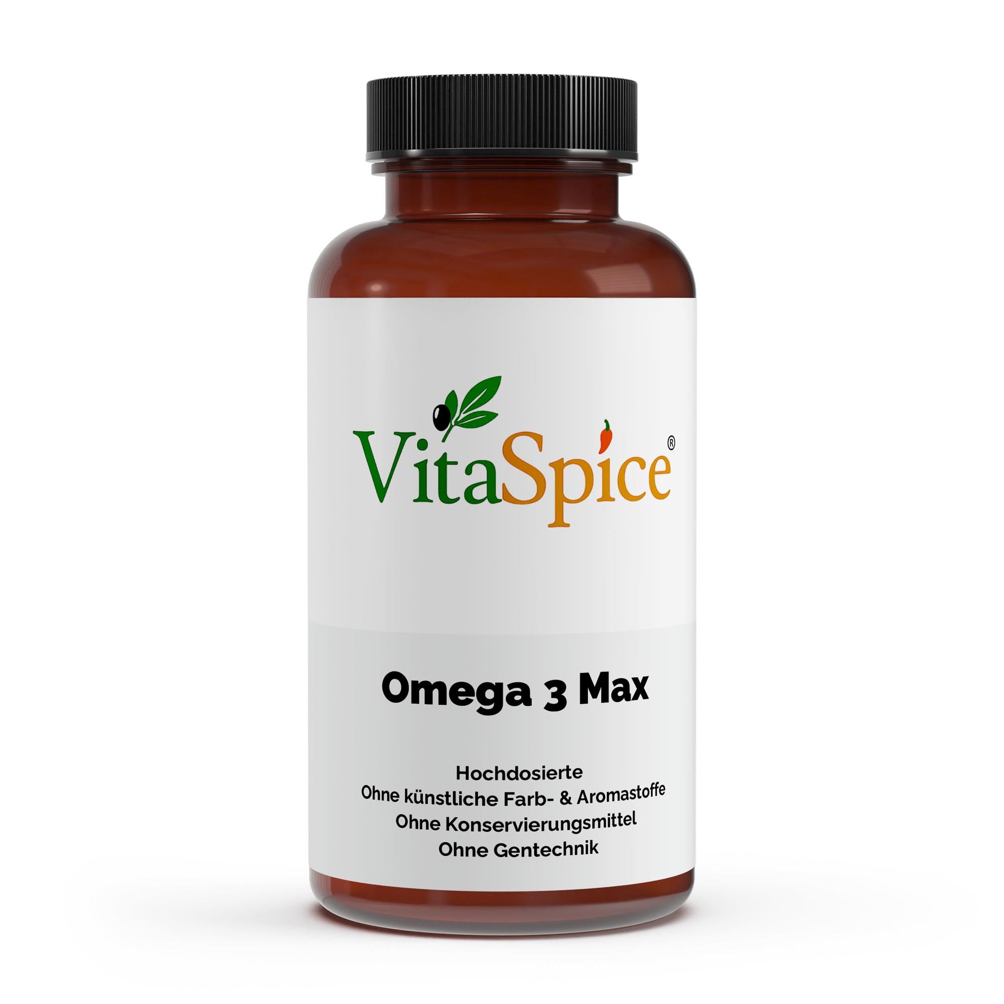 VitaSpice Omega 3 Max 35/25 als hochwertiges Produktfoto; hochdosierte EPA/DHA Softgels für Herz, Gehirn und Zellschutz – laborgeprüft und nachhaltig gewonnen