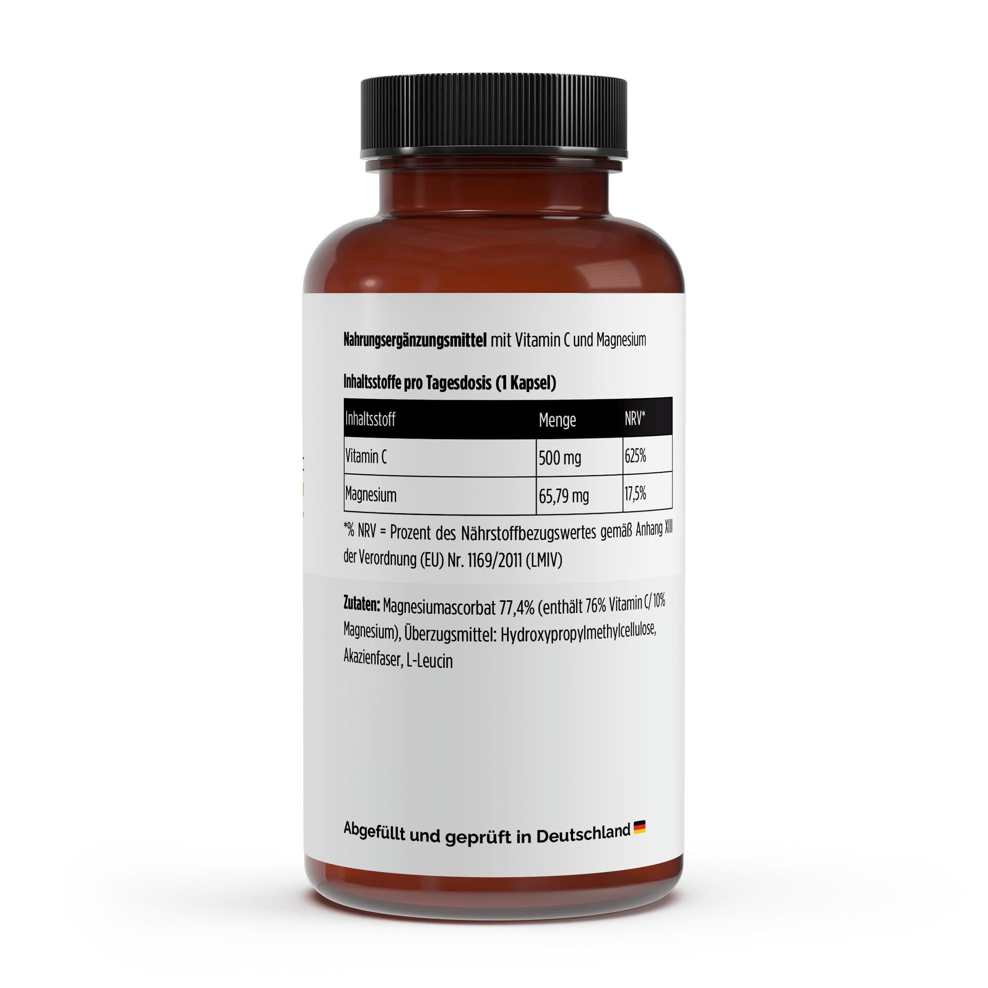 itaSpice Gepuffertes Vitamin C 500mg + Magnesium als hochwertiges Produktfoto; Inhaltsstoffe; magenfreundlicher Immun- und Zellschutz-Komplex mit hoher Bioverfügbarkeit – vegan und hochdosiert. 