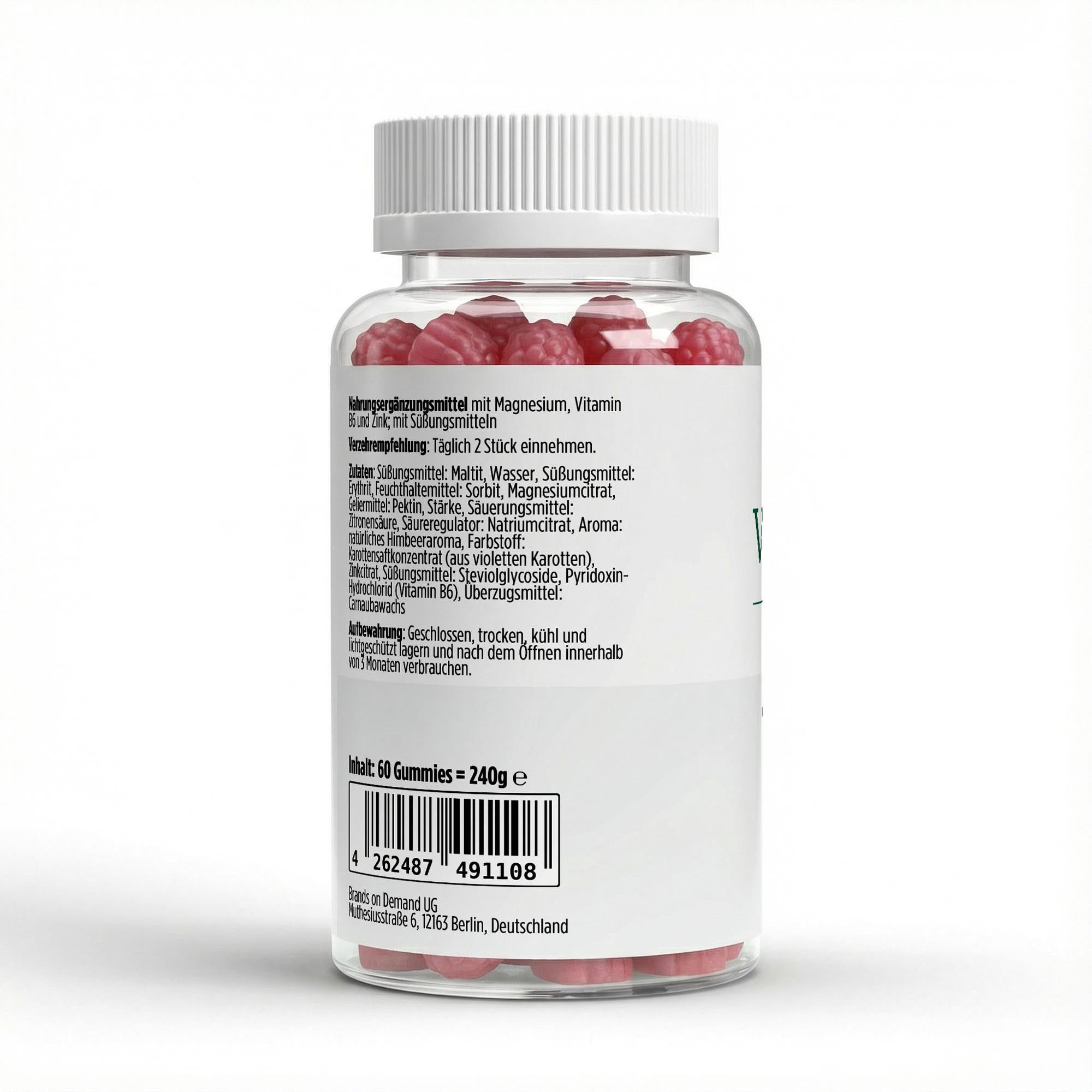 Magnesium + Zink + B6 Gummies Verpackungsrückseite mit Zutatenliste und Nährwertangaben